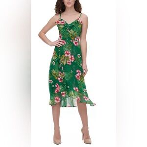 Kensie Tropical Print Floral Chiffon Lined Asymmetric Hem Midi Dress Size 10